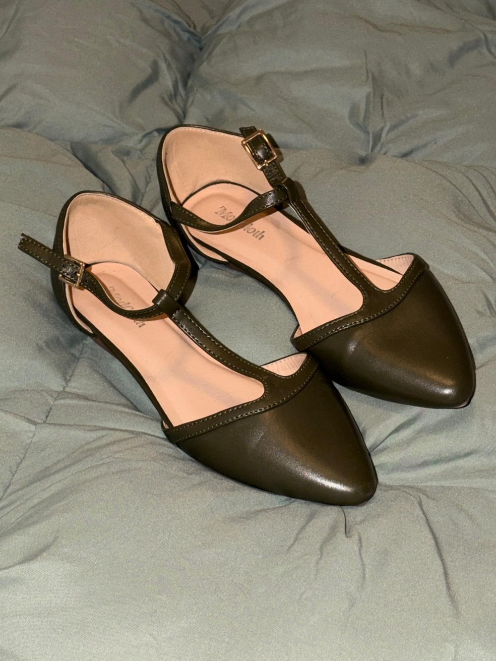 T-Strap Pointed Toe Flats in Olive Green
